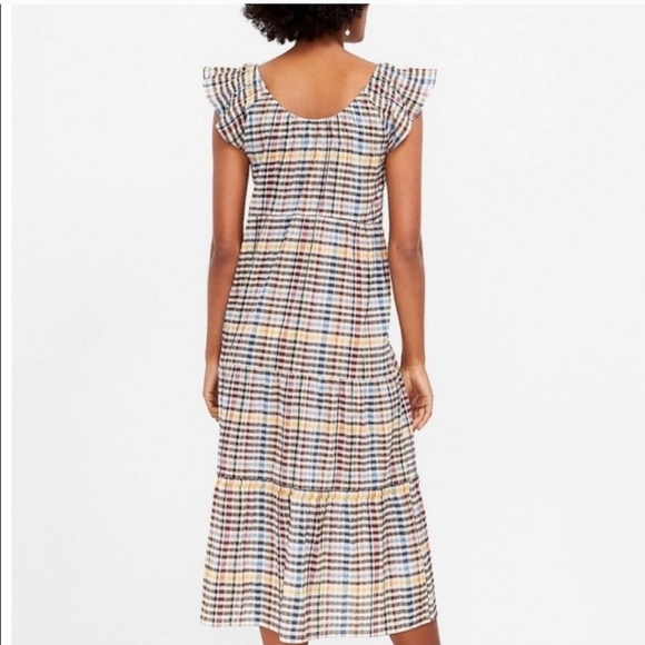 Loft Plaid Tiered Flutter Sleeve Midi Dress Whisper White Small T4 - Picture 11 of 11